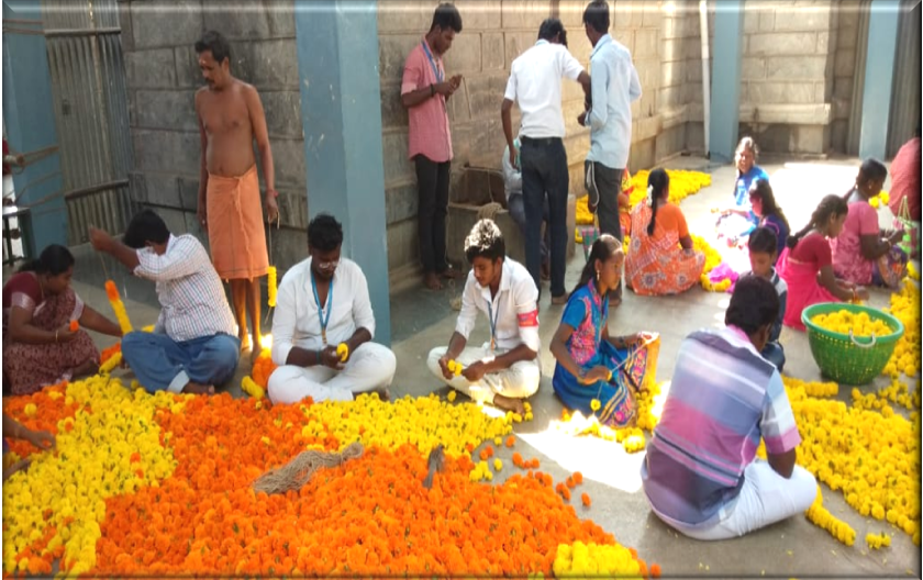 Our NSS Volunteers making Garland for Murugan Temple festival at Kalippatti Village